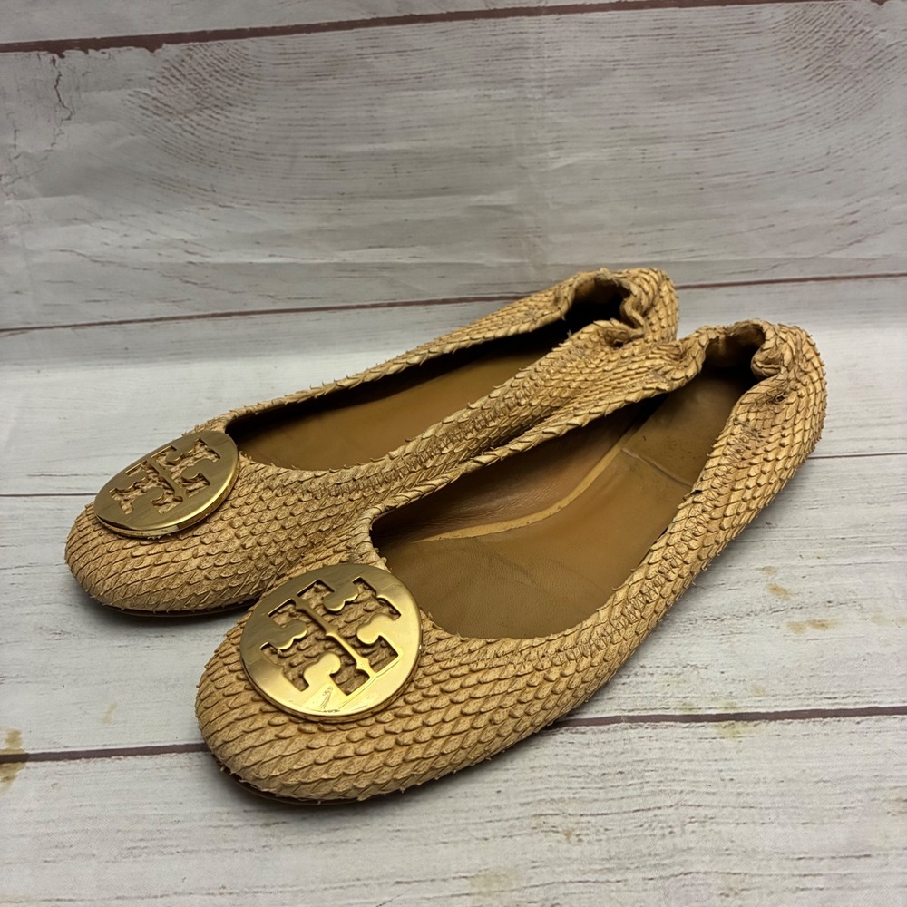 Tory Burch Snake-Embossed Ballet Flats Womens 10 Tan Woven Raffia Gold Logo